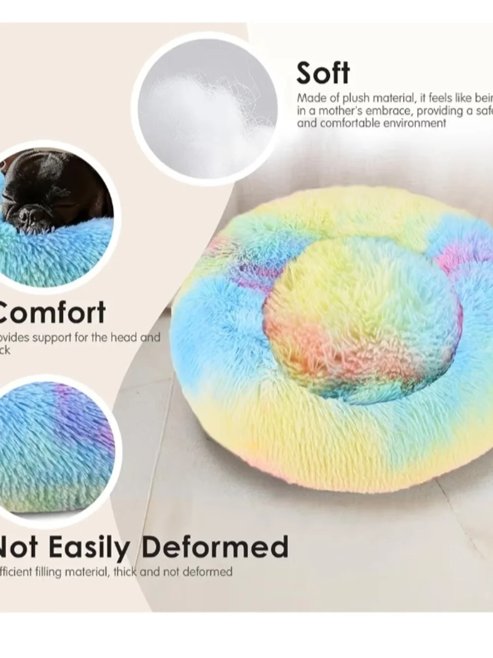 Rainbow Dog & Cat Bed 20in Calming Donut Bed for Puppy and Kitten,